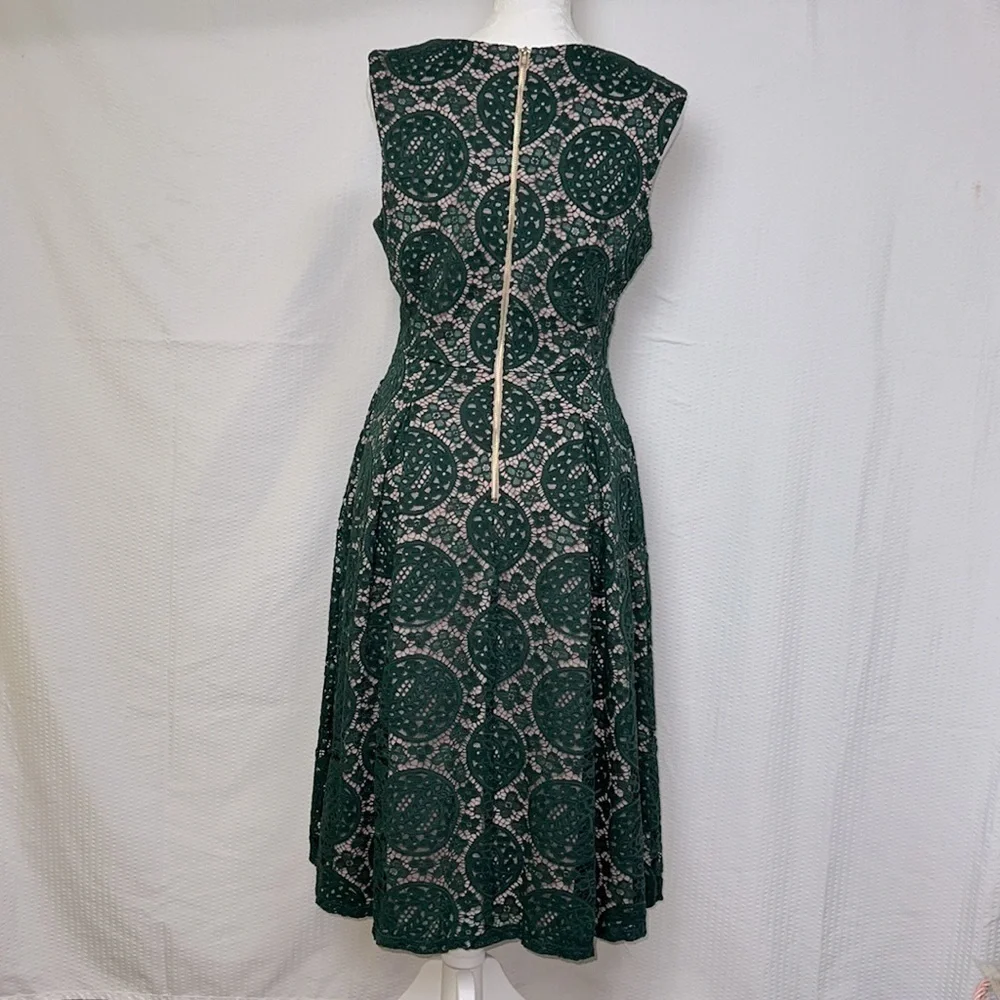 Danny and Nicole Green Crochet Lace A-Line Dress with Pink Underlay - Size 8